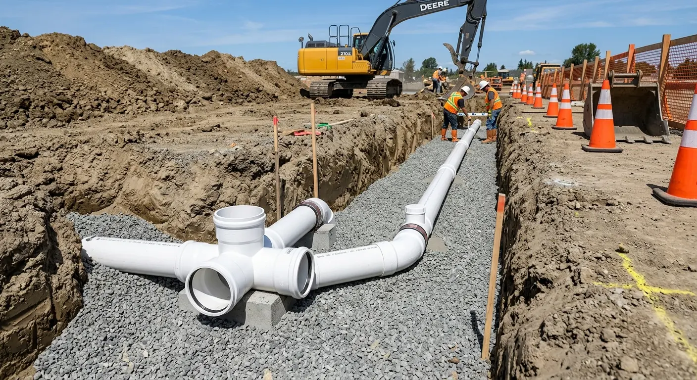 New PVC sewer pipe installation in open trench for Commercial Drain Cleaning in South Cleveland