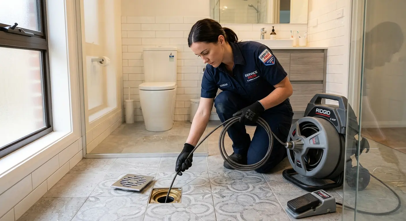 Technician clearing a bathroom floor drain for Clogged Drain Repair in South Cleveland
